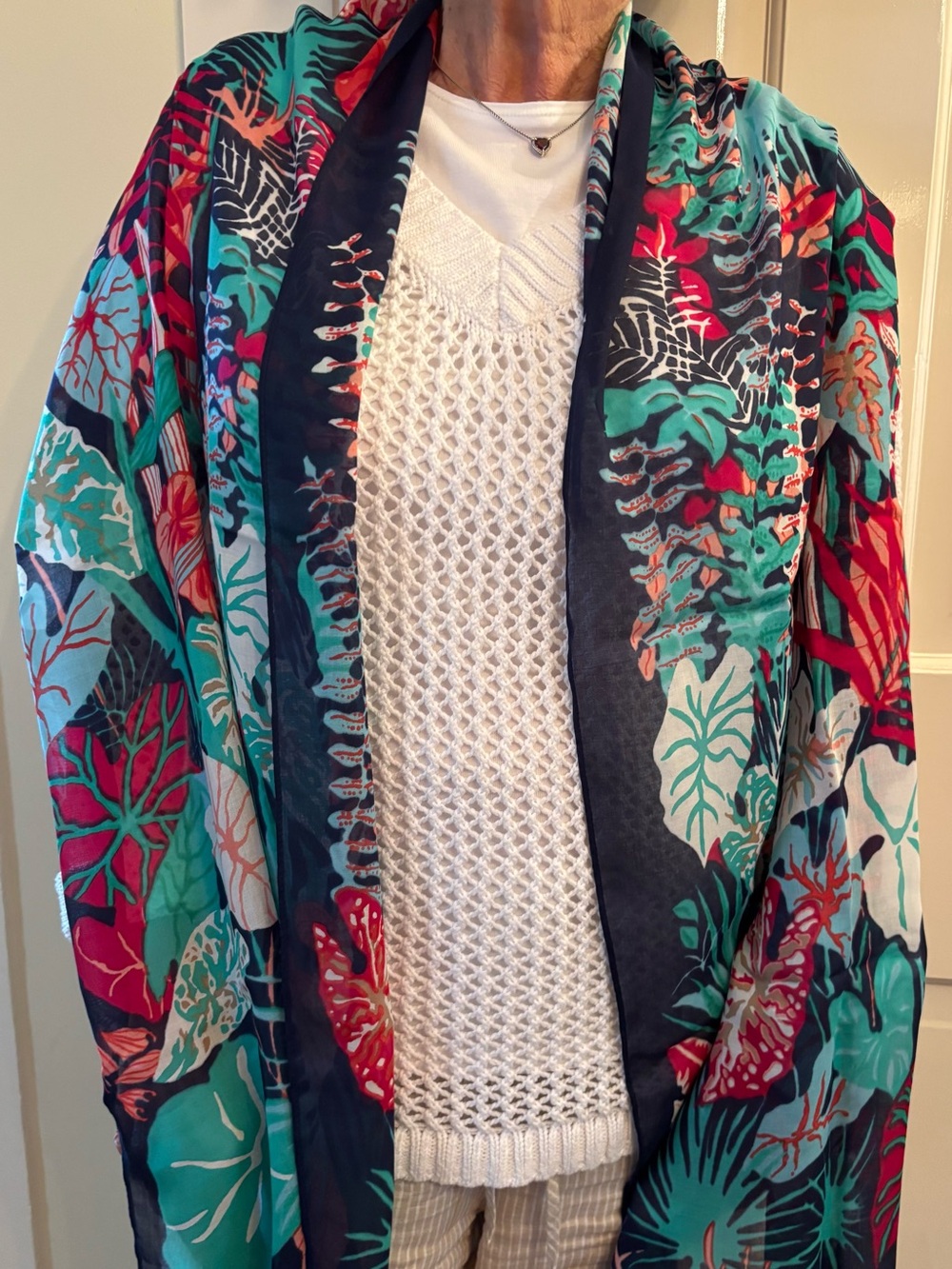 EUC Talbots Blue Sea Floral Tropical Print Cotton Scarf Fringe Edge